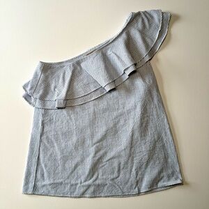 Lucky Brand XS One Shoulder Ruffle Striped Top Blue White Summer Boho Chic Cute
